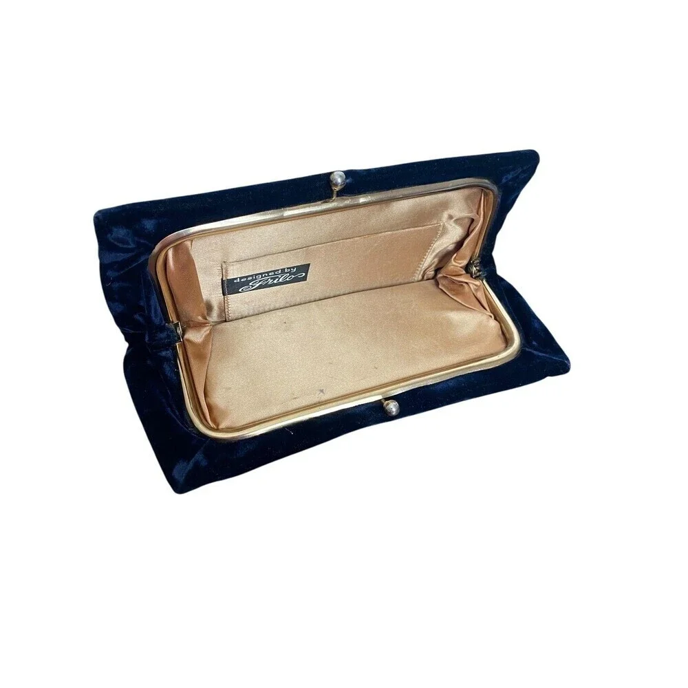 Vintage Frilo Clutch Purse Womens Small Black Velvet Gold Satin Lined Kiss Lock